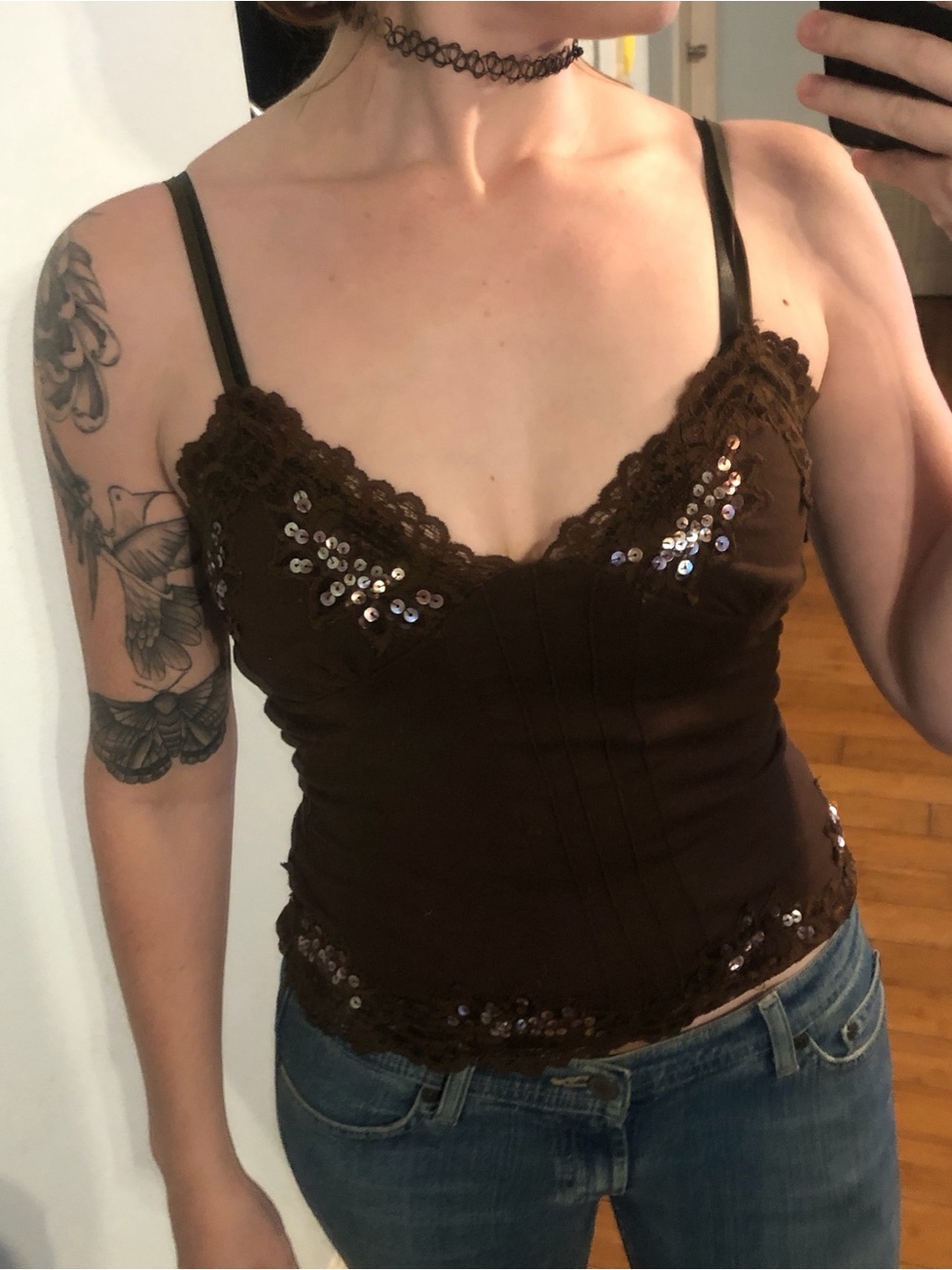 Papaya Brown Lace Sequin Cami Tank